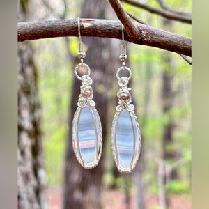 HANDMADE Iris Agate Silver Filled Wire Wrapped Dangle Earrings, Artisan Jewelry